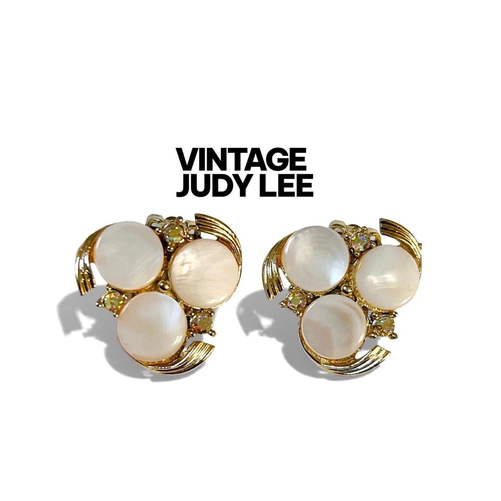 Vintage circa 1960s signed Judy Lee earrings mother of pearl and rhinestones